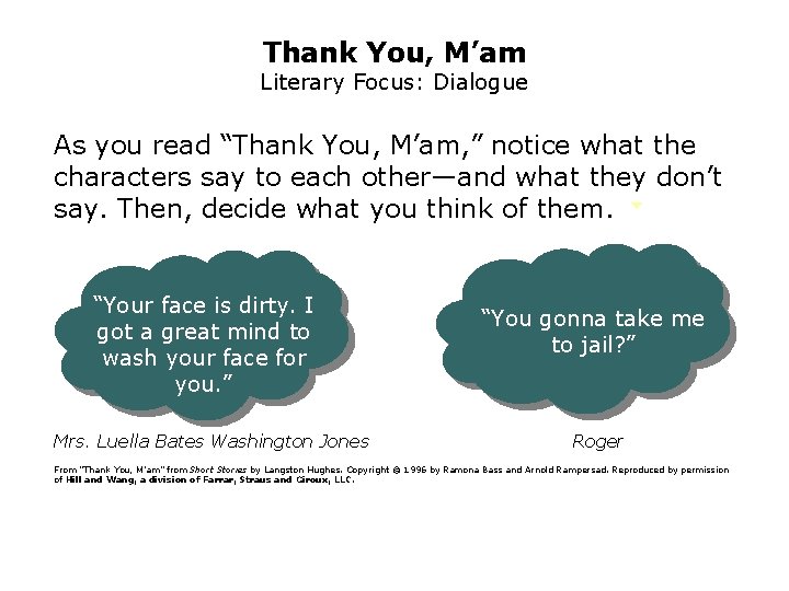 Thank You, M’am Literary Focus: Dialogue As you read “Thank You, M’am, ” notice