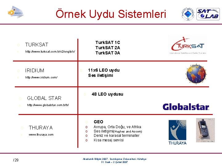 Örnek Uydu Sistemleri o TURKSAT o http: //www. turksat. com. tr/v 2/english/ o IRIDIUM