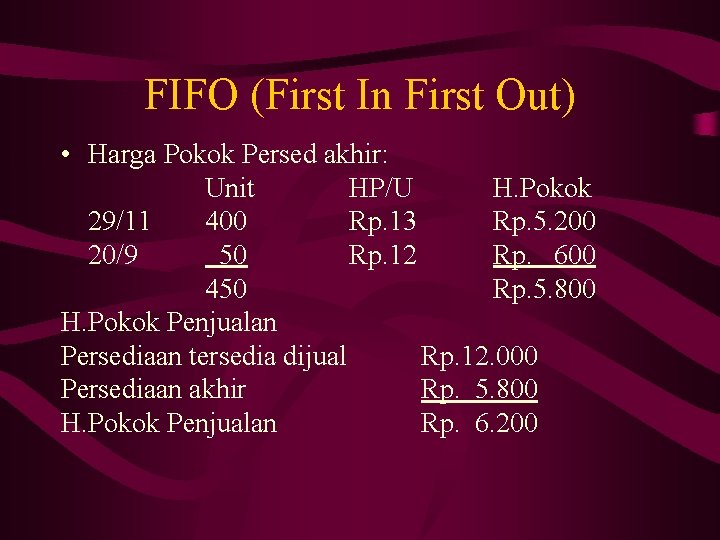 FIFO (First In First Out) • Harga Pokok Persed akhir: Unit HP/U H. Pokok