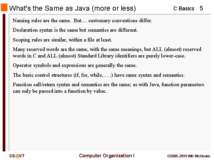 What's the Same as Java (more or less) C Basics 5 Naming rules are