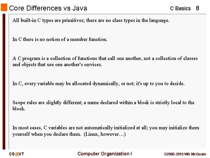 Core Differences vs Java C Basics 8 All built-in C types are primitives; there
