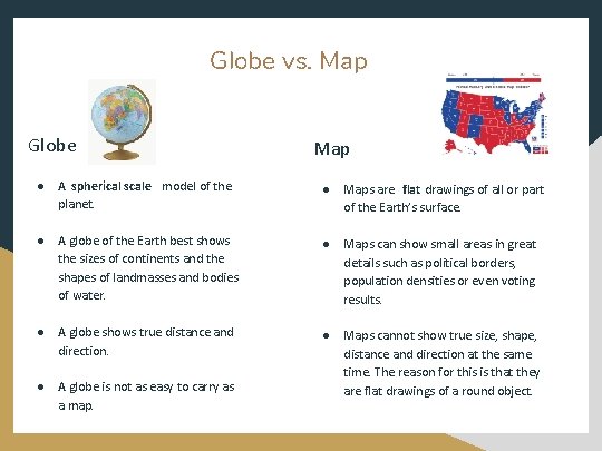 Globe vs. Map Globe Map ● A spherical scale model of the planet. ●