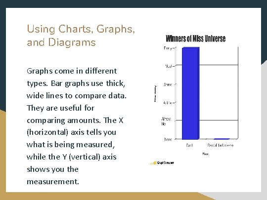 Using Charts, Graphs, and Diagrams Graphs come in different types. Bar graphs use thick,