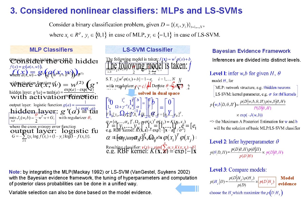 3. Considered nonlinear classifiers: MLPs and LS-SVMs MLP Classifiers LS-SVM Classifier Bayesian Evidence Framework
