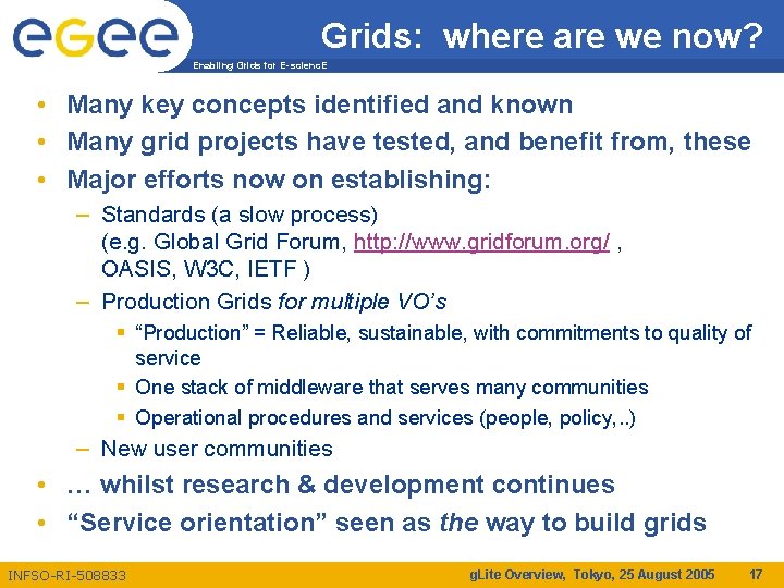 Grids: where are we now? Enabling Grids for E-scienc. E • Many key concepts
