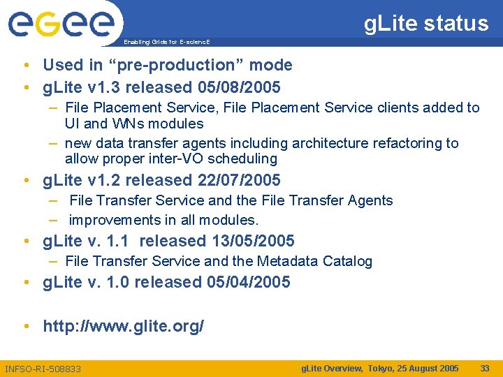 g. Lite status Enabling Grids for E-scienc. E • Used in “pre-production” mode •