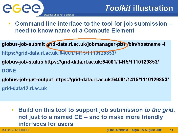 Toolkit illustration Enabling Grids for E-scienc. E • Command line interface to the tool