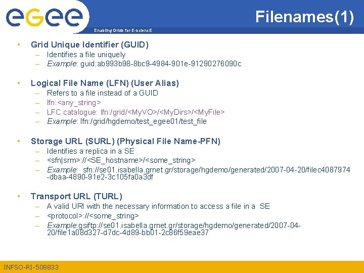 Filenames(1) Enabling Grids for E-scienc. E • Grid Unique Identifier (GUID) – Identifies a