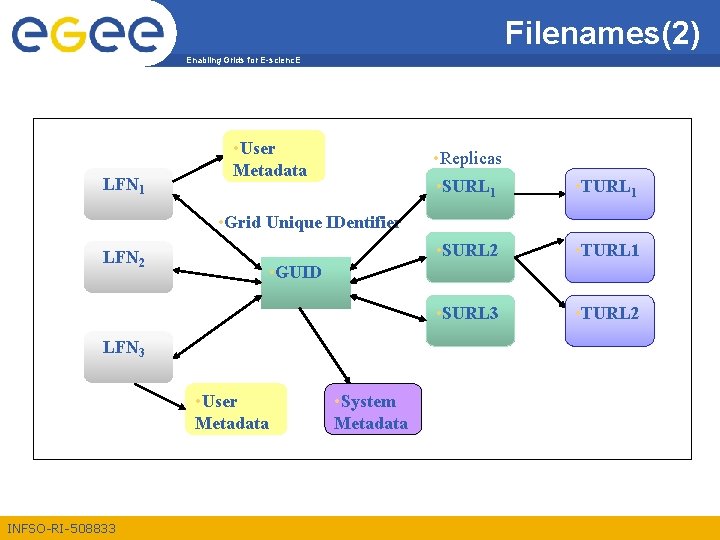 Filenames(2) Enabling Grids for E-scienc. E LFN 1 • User Metadata • Replicas •