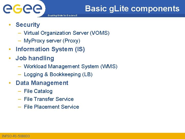 Basic g. Lite components Enabling Grids for E-scienc. E • Security – Virtual Organization