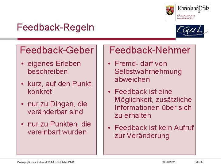 Feedback-Regeln Feedback-Geber Feedback-Nehmer • eigenes Erleben beschreiben • Fremd- darf von Selbstwahrnehmung abweichen •