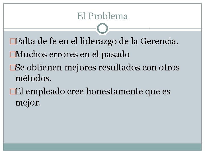 El Problema �Falta de fe en el liderazgo de la Gerencia. �Muchos errores en