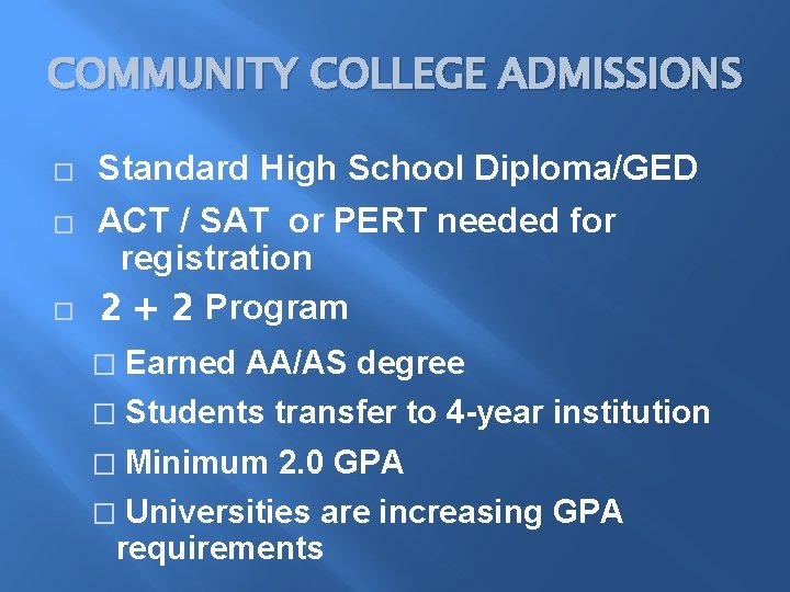 COMMUNITY COLLEGE ADMISSIONS � � � Standard High School Diploma/GED ACT / SAT or