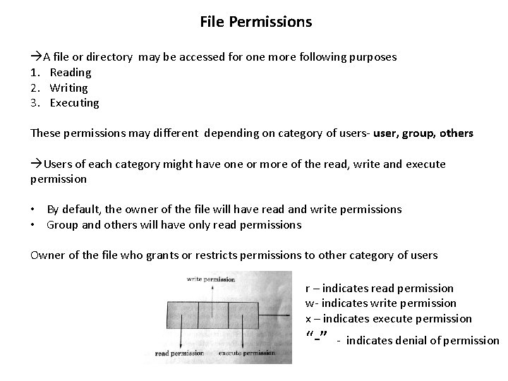 File Permissions A file or directory may be accessed for one more following purposes