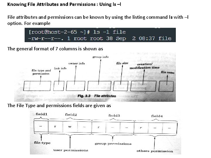 Knowing File Attributes and Permissions : Using ls –l File attributes and permissions can