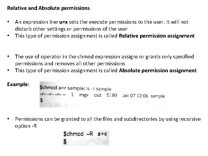 Relative and Absolute permissions • An expression line u+x sets the execute permissions to