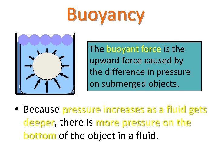 Buoyancy The buoyant force is the upward force caused by the difference in pressure