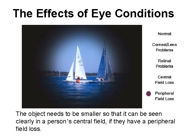 The Effects of Eye Conditions The object needs to be smaller so that it