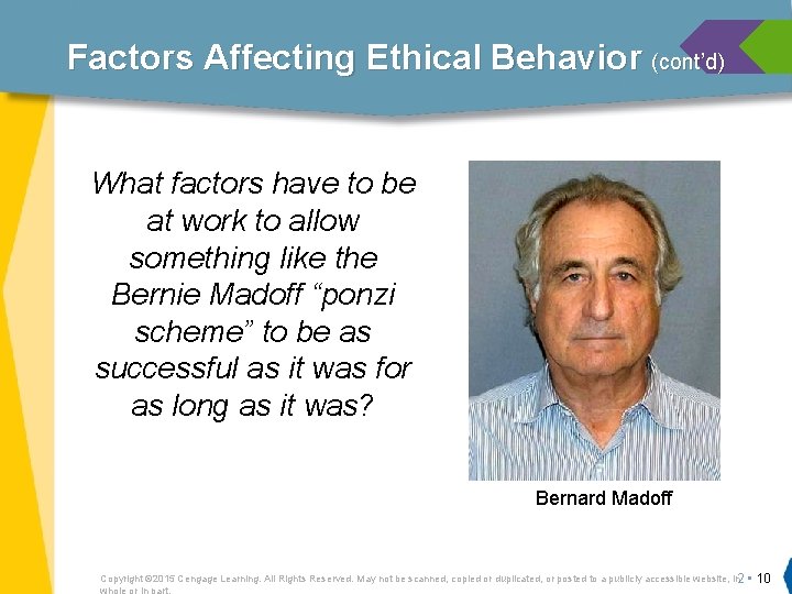 Factors Affecting Ethical Behavior (cont’d) What factors have to be at work to allow