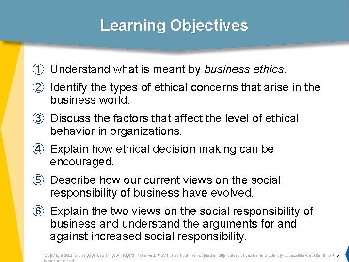 Learning Objectives ① Understand what is meant by business ethics. ② Identify the types