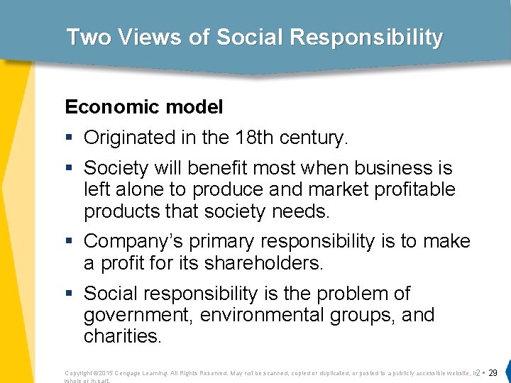Two Views of Social Responsibility Economic model § Originated in the 18 th century.