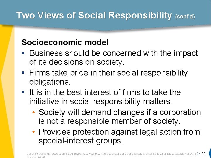 Two Views of Social Responsibility (cont’d) Socioeconomic model § Business should be concerned with
