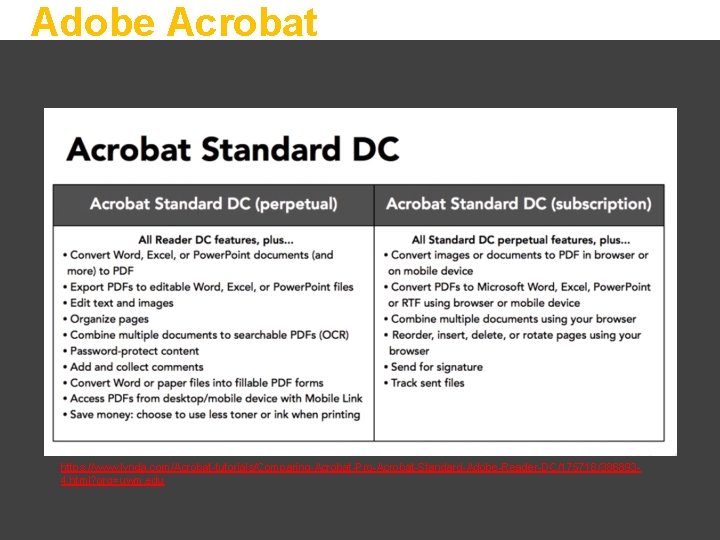 Adobe Acrobat https: //www. lynda. com/Acrobat-tutorials/Comparing-Acrobat-Pro-Acrobat-Standard-Adobe-Reader-DC/175718/3868934. html? org=uwm. edu 