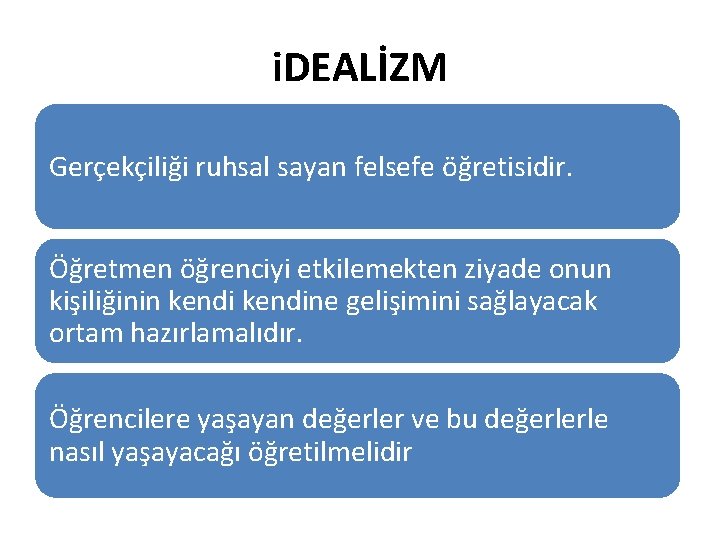 i. DEALİZM Gerçekçiliği ruhsal sayan felsefe öğretisidir. Öğretmen öğrenciyi etkilemekten ziyade onun kişiliğinin kendine