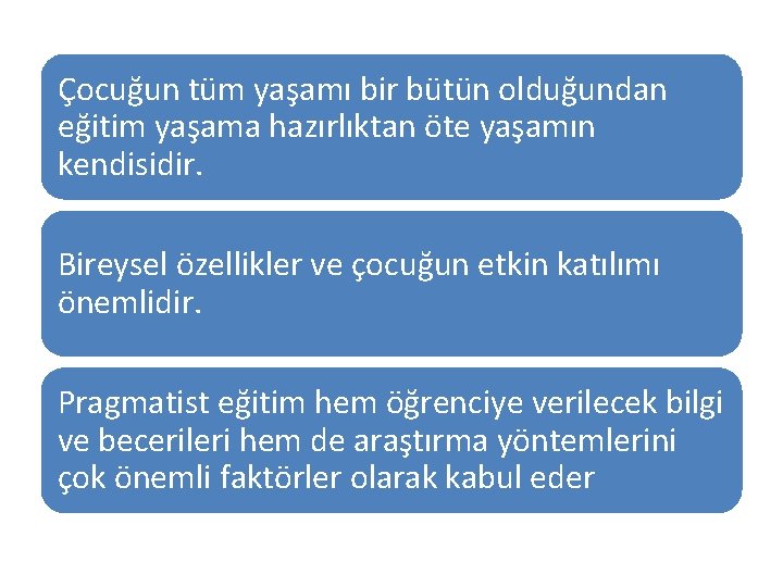 Çocuğun tüm yaşamı bir bütün olduğundan eğitim yaşama hazırlıktan öte yaşamın kendisidir. Bireysel özellikler