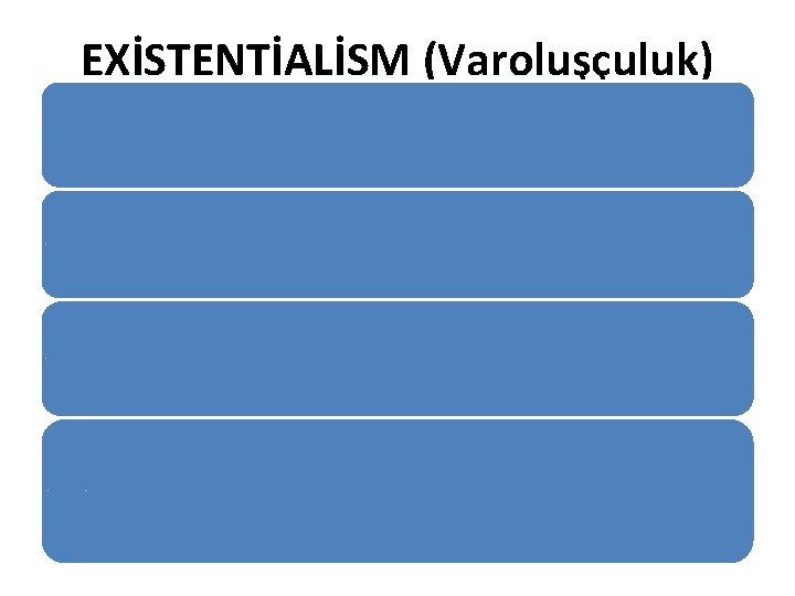 EXİSTENTİALİSM (Varoluşçuluk) Eğitimde program ve öğretmenden önemli olan öğrencidir. Her türlü ahlak sistemi kaldırılmalı,