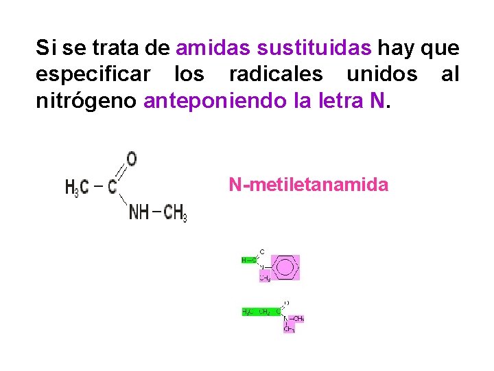 Si se trata de amidas sustituidas hay que especificar los radicales unidos al nitrógeno