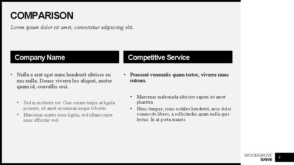 COMPARISON Lorem ipsum dolor sit amet, consectetur adipiscing elit. Company Name • Nulla a