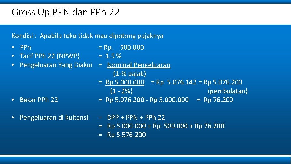 Gross Up PPN dan PPh 22 Kondisi : Apabila toko tidak mau dipotong pajaknya