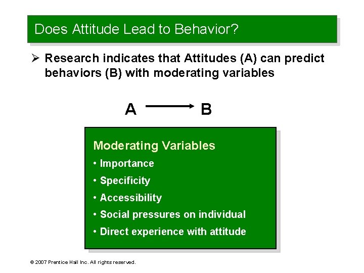 Does Attitude Lead to Behavior? Ø Research indicates that Attitudes (A) can predict behaviors