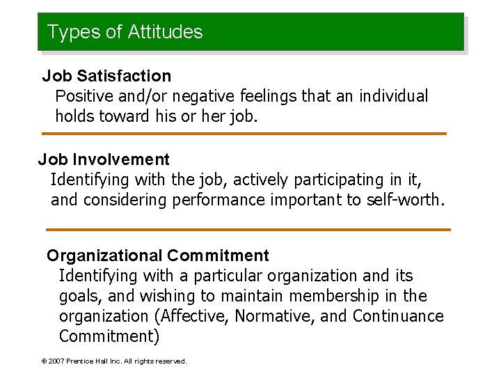 Types of Attitudes Job Satisfaction Positive and/or negative feelings that an individual holds toward