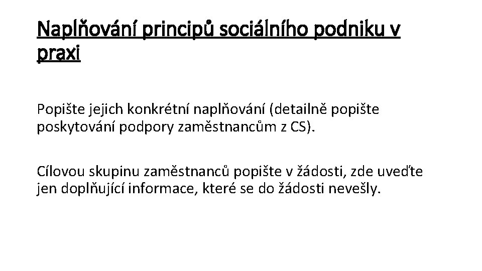 Naplňování principů sociálního podniku v praxi Popište jejich konkrétní naplňování (detailně popište poskytování podpory