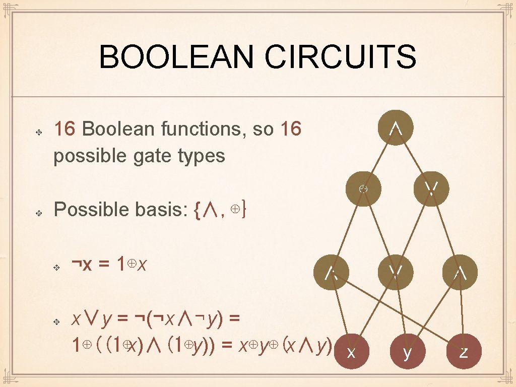 BOOLEAN CIRCUITS 16 Boolean functions, so 16 possible gate types ∧ ⊕ ∨ Possible