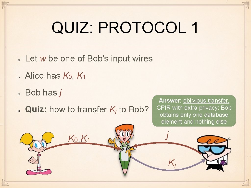 QUIZ: PROTOCOL 1 Let w be one of Bob's input wires Alice has K
