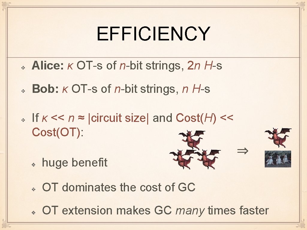EFFICIENCY Alice: κ OT-s of n-bit strings, 2 n H-s Bob: κ OT-s of