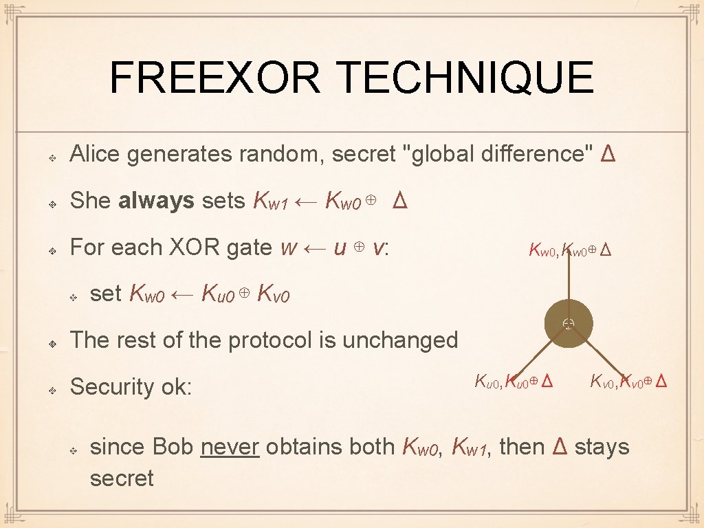 FREEXOR TECHNIQUE Alice generates random, secret "global difference" Δ She always sets Kw 1