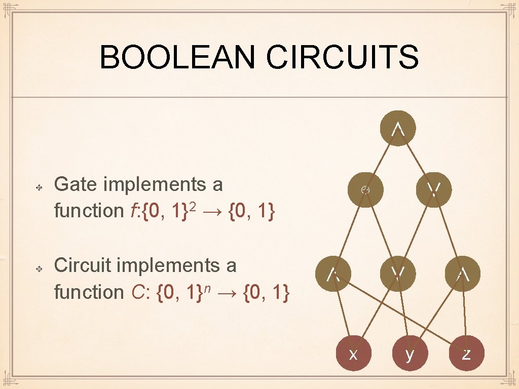 BOOLEAN CIRCUITS ∧ Gate implements a function f: {0, 1}2 → {0, 1} Circuit