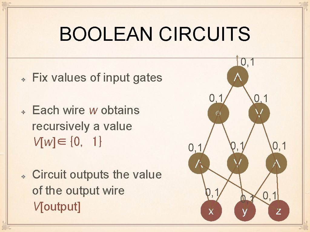 BOOLEAN CIRCUITS 0, 1 ∧ Fix values of input gates Each wire w obtains