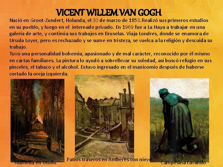 VICENT WILLEM VAN GOGH Nació en Groot-Zundert, Holanda, el 30 de marzo de 1853.