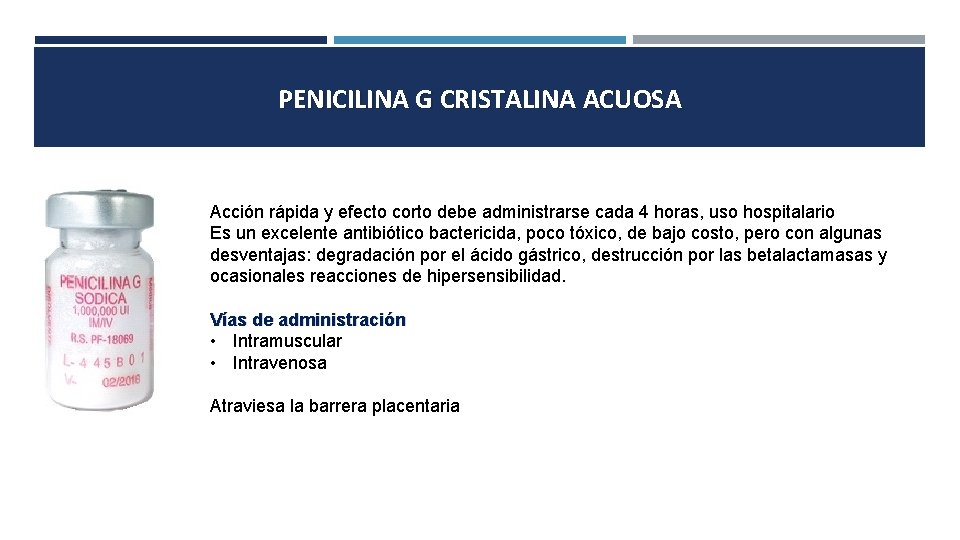 PENICILINA G CRISTALINA ACUOSA Acción rápida y efecto corto debe administrarse cada 4 horas,