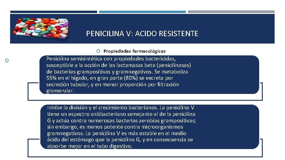 PENICILINA V: ACIDO RESISTENTE Propiedades farmacológicas Penicilinaglomerular. semisintética con propiedades bactericidas, proporción por filtración