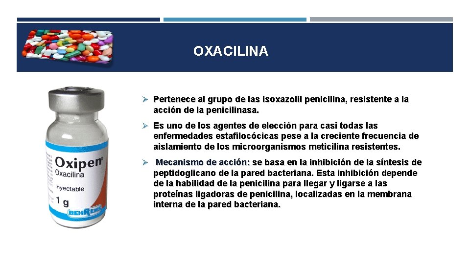 OXACILINA Pertenece al grupo de las isoxazolil penicilina, resistente a la acción de la