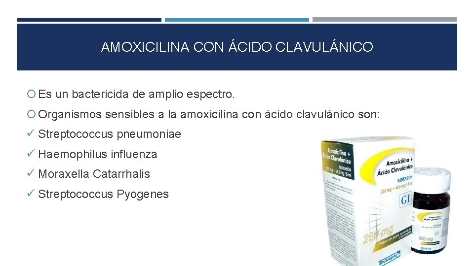 AMOXICILINA CON ÁCIDO CLAVULÁNICO Es un bactericida de amplio espectro. Organismos sensibles a la