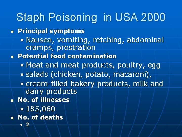 Staph Poisoning in USA 2000 n Principal symptoms • Nausea, vomiting, retching, abdominal cramps,