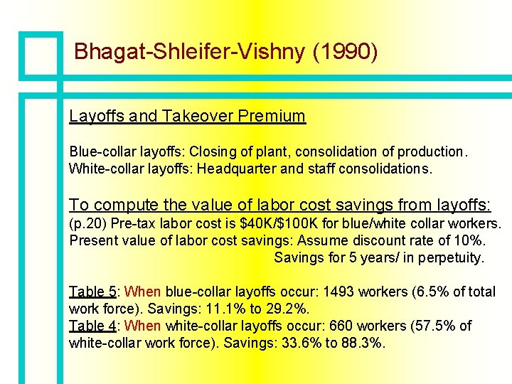 Bhagat-Shleifer-Vishny (1990) Layoffs and Takeover Premium Blue-collar layoffs: Closing of plant, consolidation of production.