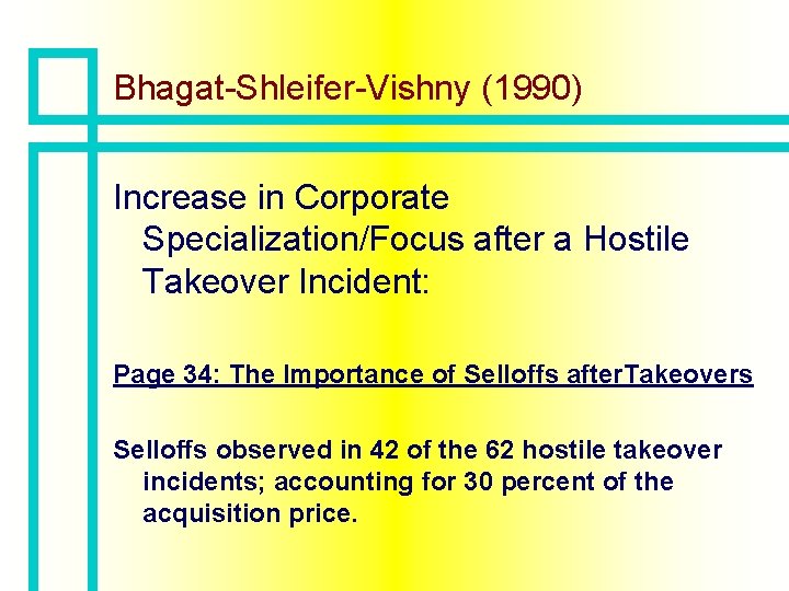 Bhagat-Shleifer-Vishny (1990) Increase in Corporate Specialization/Focus after a Hostile Takeover Incident: Page 34: The